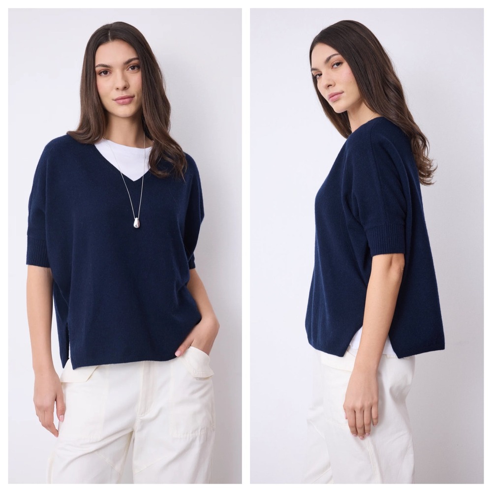 Notshy Aimee Cashmere Poncho Jumper Navy Blue V-Neck Short Sleeve‎ Sweater